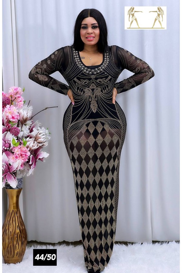 Diamond Patterned Stone Embroidered Long Dress SW-387